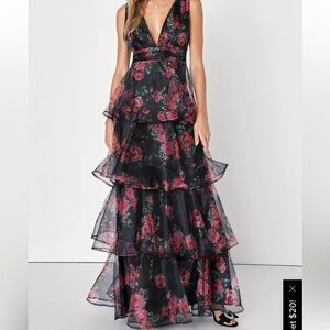Garden Radiance Black Floral Print Organza Tiered Maxi Dress | Lulus